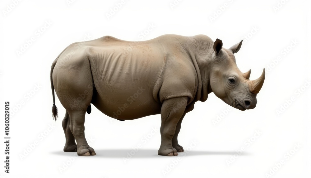 Obraz premium Rhinoceros standing in profile view on white background with realistic detail