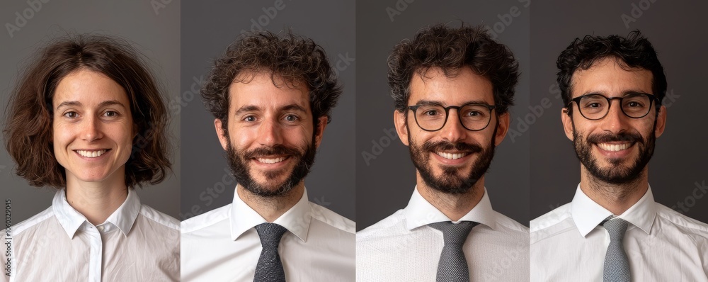Fototapeta premium Four professional individuals in formal attire with diverse hairstyles and smiles.