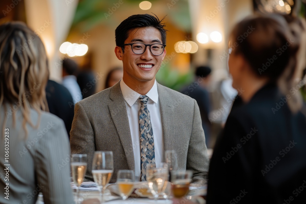 Smiling businessman networking at corporate event with colleagues Smiling businessman networking at corporate event with colleagues