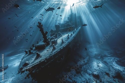 Underwater view of an sunken ship on seabed with fish swimming around