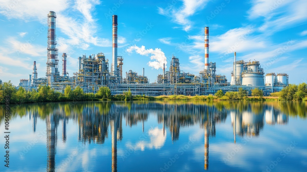 Obraz premium Industrial oil refinery reflecting on water, serene scene blending nature and modern industry