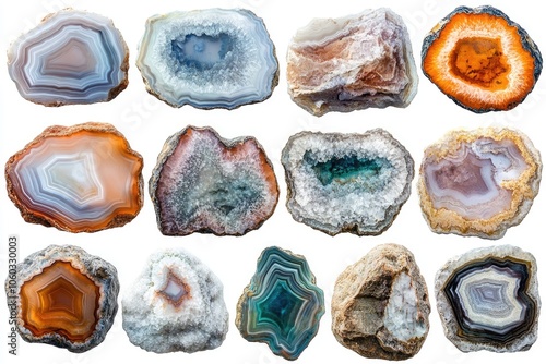 Collection of twelve colorful agate slices and geodes showing natural concentric patterns photo