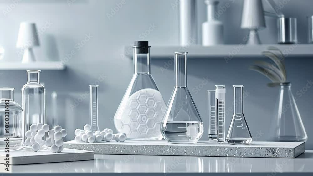 A contemporary laboratory featuring neatly organized flasks and test ...