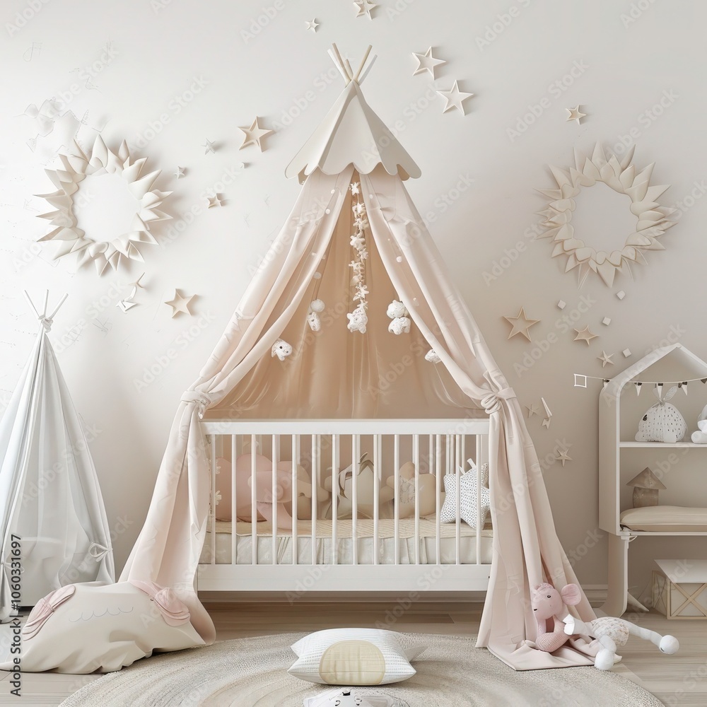 A nursery decorated with a white crib, a teepee, and a pink rug. The crib is covered with a pink blanket, and the teepee has a pink and white star hanging from the top. There is a white basket in the A nursery decorated with a white crib, a teepee, and a pink rug. The crib is covered with a pink blanket, and the teepee has a pink and white star hanging from the top. There is a white basket in the
