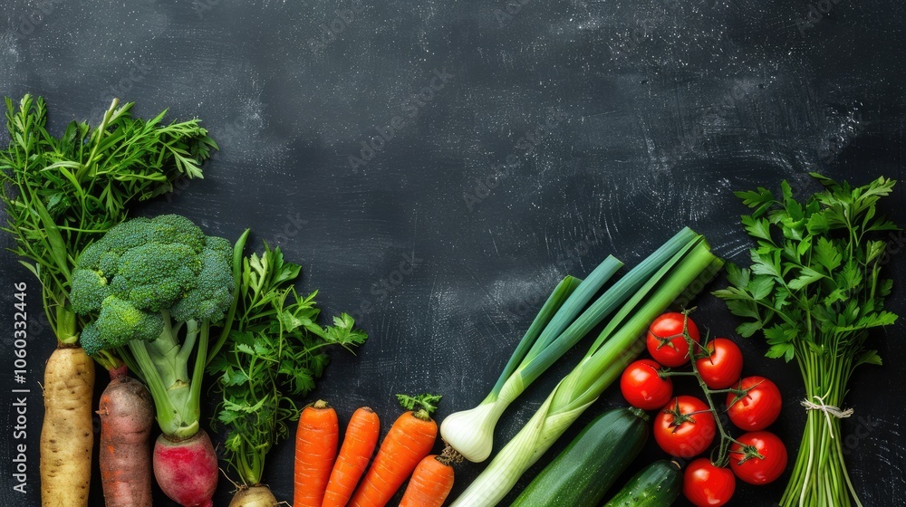 Fresh spring vegetables on dark chalkboard. Space for text. Carrots, tomatoes, zucchini, leek, radish, celeriac, parsley, basil - garden's fresh produce. Fresh spring vegetables on dark chalkboard. Space for text. Carrots, tomatoes, zucchini, leek, radish, celeriac, parsley, basil - garden's fresh produce.