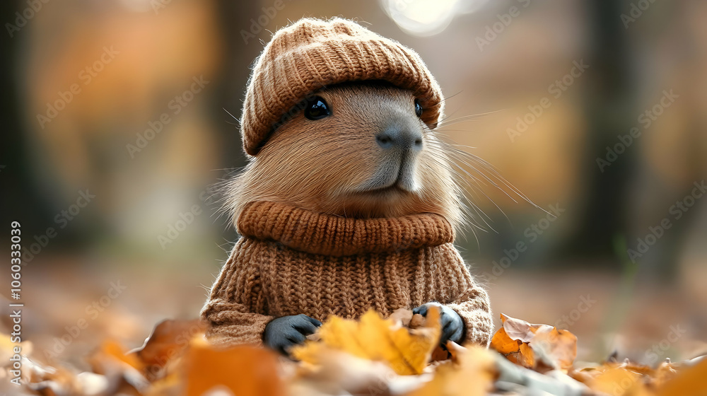 Cute Capybara Wearing Brown Knit Hat and Sweater in Fall Leaves - Illustration Cute Capybara Wearing Brown Knit Hat and Sweater in Fall Leaves - Illustration