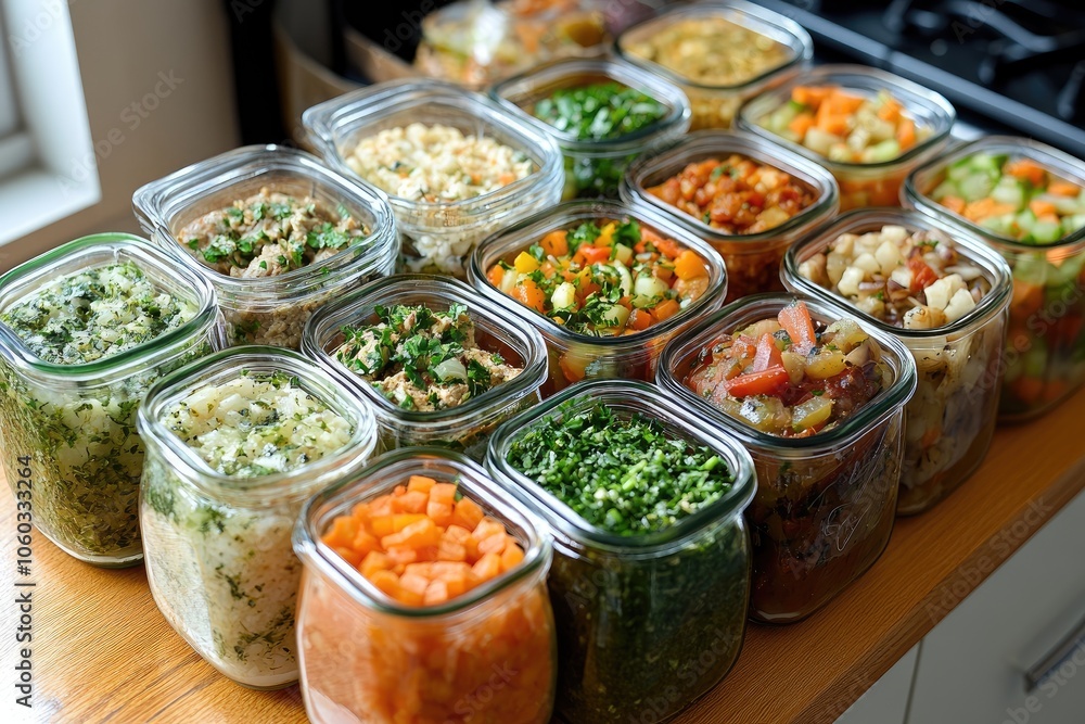Various prepped, chopped, and cooked foods stored in meal prep containers for healthy lifestyle Various prepped, chopped, and cooked foods stored in meal prep containers for healthy lifestyle