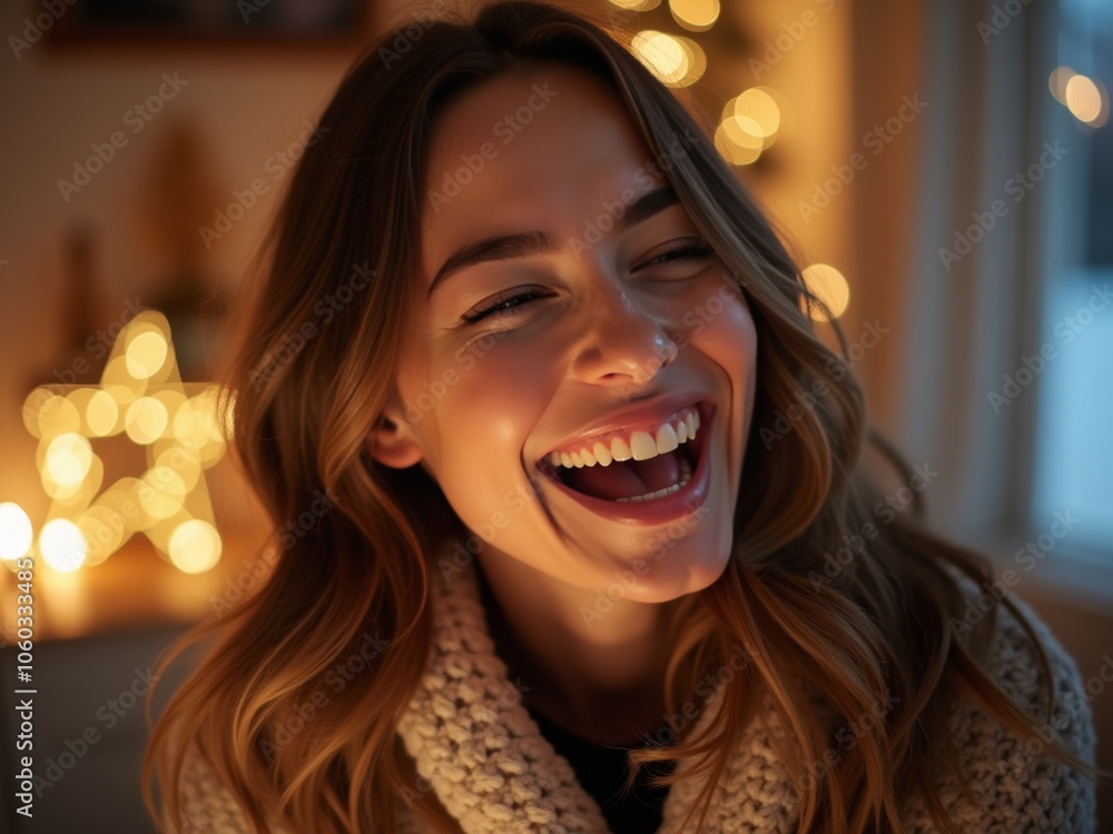 A Joyful Woman Smiling Brightly in a Cozy Setting Adorned With Warm Holiday Lights During the Winter Season A Joyful Woman Smiling Brightly in a Cozy Setting Adorned With Warm Holiday Lights During the Winter Season