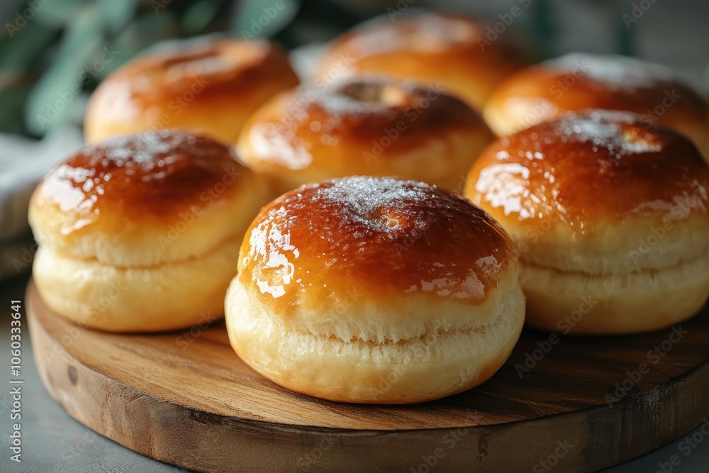Delicious glazed donuts sprinkled with powdered sugar resting on wooden tray Delicious glazed donuts sprinkled with powdered sugar resting on wooden tray