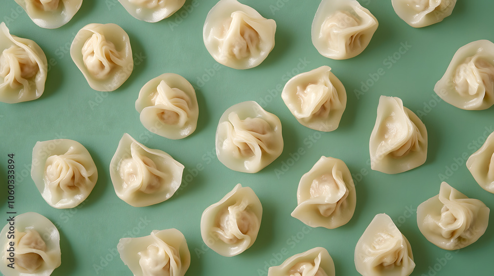 overhead view of Baozi ,asian dumplings, dim sum, ravioli, buuz, pelmeni, pyanse, khinkali or manti isolated on green background, concept for cooking overhead view of Baozi ,asian dumplings, dim sum, ravioli, buuz, pelmeni, pyanse, khinkali or manti isolated on green background, concept for cooking