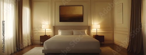 A bedroom with white paneling, a large vertical picture frame on the wall above the bed, neutral tones, a luxury aesthetic, a moody atmosphere