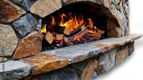 Firewood burns brightly in stone fireplace enhancing cozy atmosphere