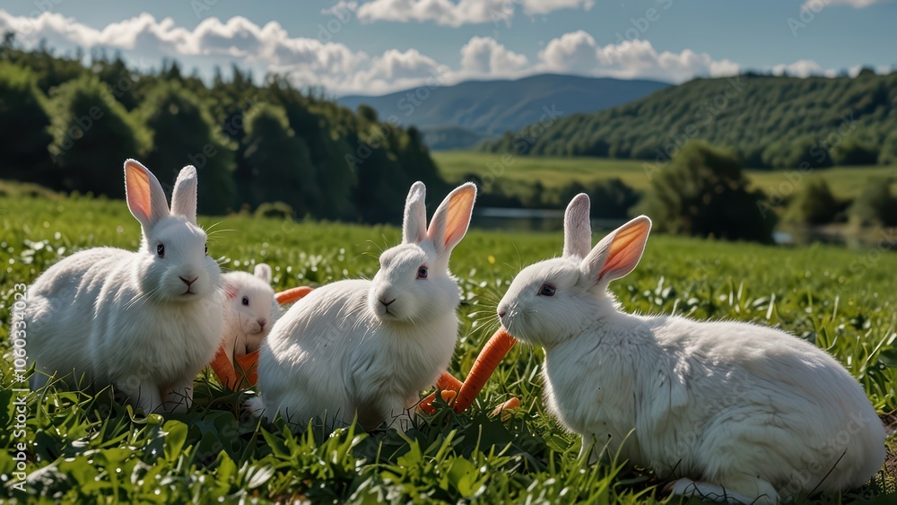 A group of rabbits munching on carrots in a lush green field, with a clear blue sky overhead and a serene river flowing in the background. A group of rabbits munching on carrots in a lush green field, with a clear blue sky overhead and a serene river flowing in the background.