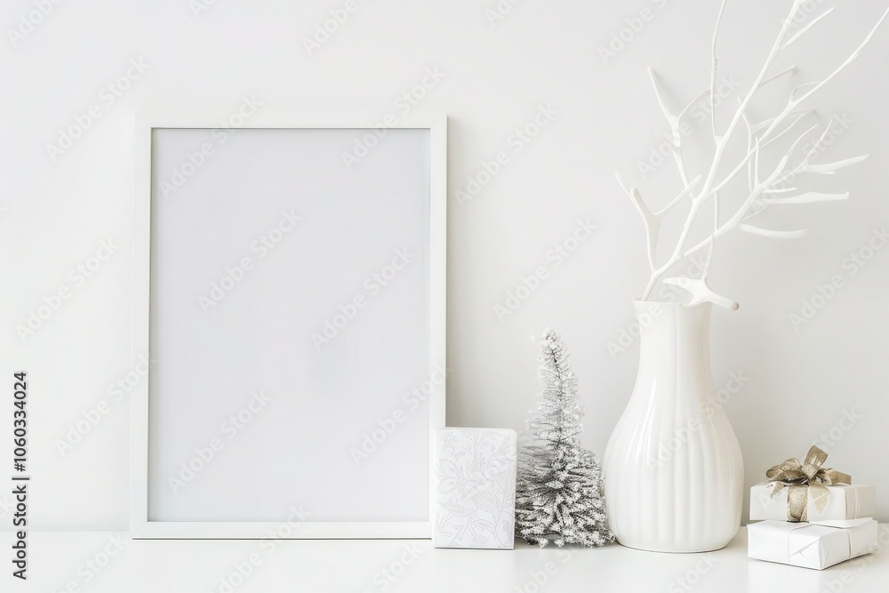 A white picture frame mockup on a white shelf with a white vase. branches. a gift box. and ornaments A white picture frame mockup on a white shelf with a white vase. branches. a gift box. and ornaments