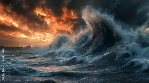 Fiery Sky Over Huge Waves I...