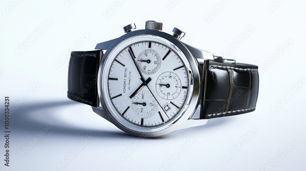 Realistic 3D render of a wristwatch, featuring a detailed and sophisticated watch face. The image is sharp and clear, with the watch set against a pure white background Realistic 3D render of a wristwatch, featuring a detailed and sophisticated watch face. The image is sharp and clear, with the watch set against a pure white background