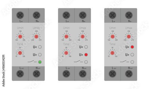 Set of voltage monitoring relays in normal, overvoltage and undervoltage statuses. Vector illustration in flat style