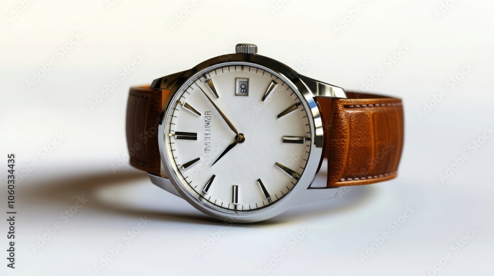Realistic 3D render of a wristwatch with a classic leather strap, featuring a sophisticated and detailed face with sharp, precise elements, presented on a minimalist white background Realistic 3D render of a wristwatch with a classic leather strap, featuring a sophisticated and detailed face with sharp, precise elements, presented on a minimalist white background