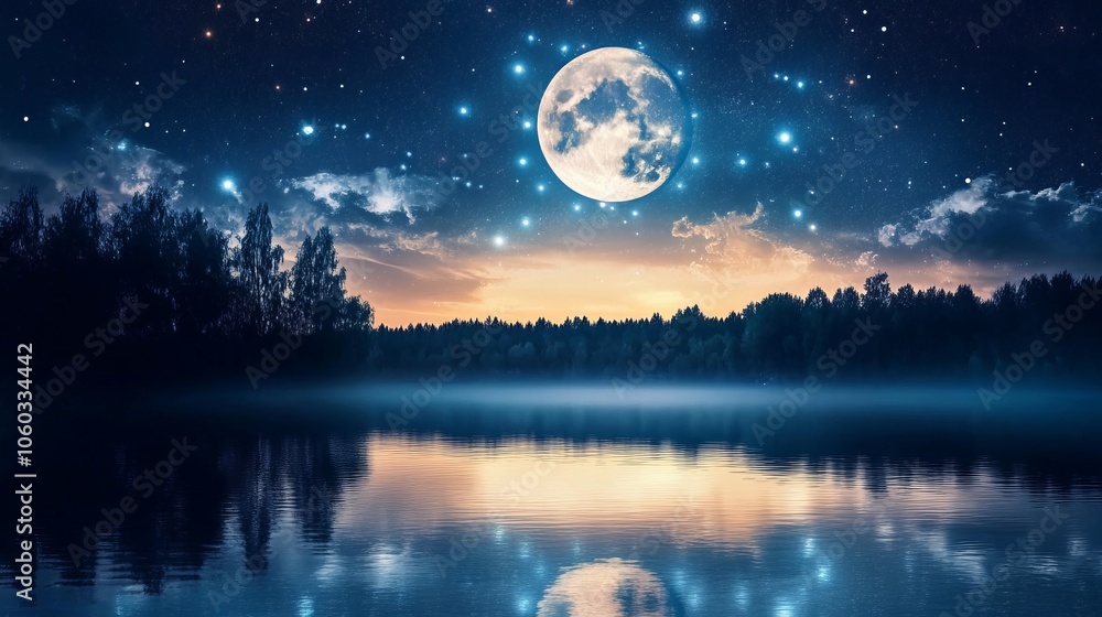 Enchanted Night Lake with Full Moon and Stars Enchanted Night Lake with Full Moon and Stars