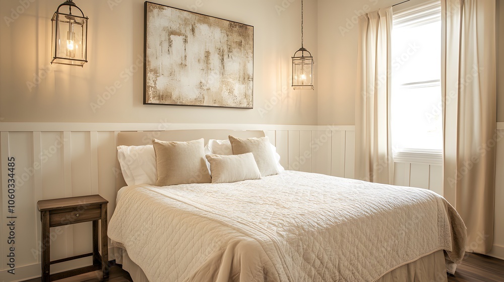 A bedroom with white paneling, a large vertical picture frame on the wall above the bed, neutral tones, a luxury aesthetic, a moody atmosphere A bedroom with white paneling, a large vertical picture frame on the wall above the bed, neutral tones, a luxury aesthetic, a moody atmosphere