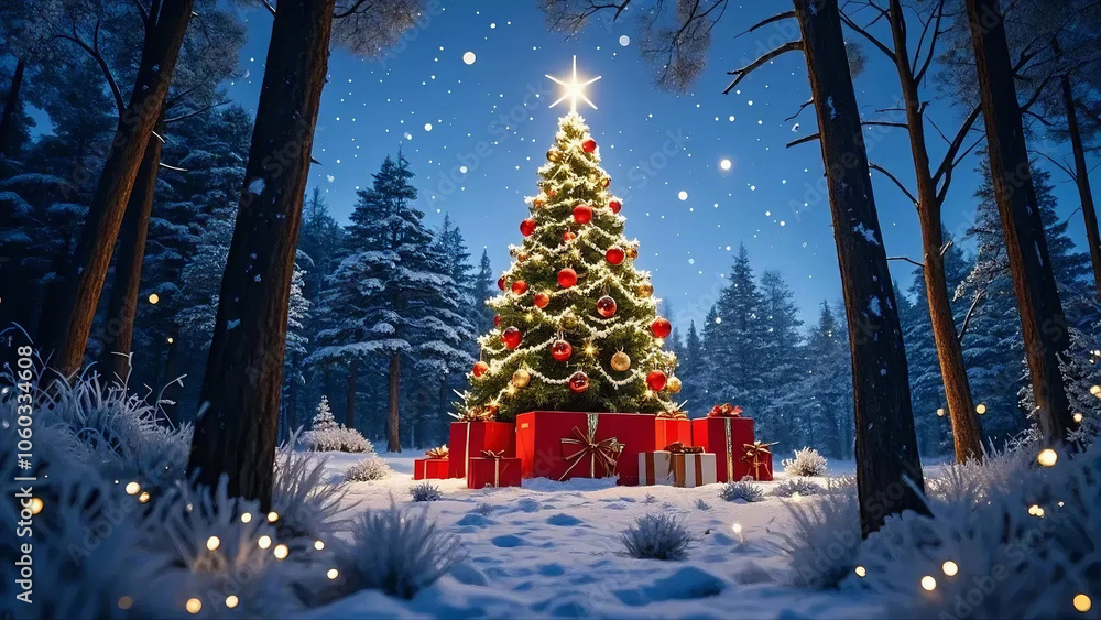 Obraz premium christmas tree in the snow gifts boxs