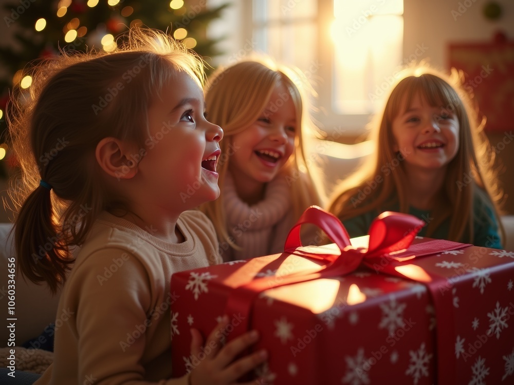 Three Joyful Children Excitedly Unwrapping Festive Gifts in a Cozy Living Room Decorated for the Holiday Season Three Joyful Children Excitedly Unwrapping Festive Gifts in a Cozy Living Room Decorated for the Holiday Season