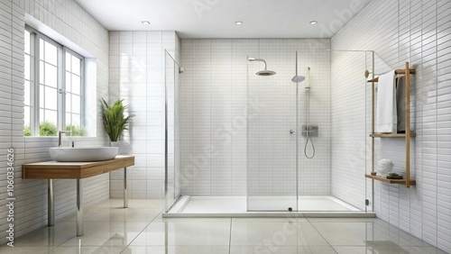 Bathroom with white tiled floor and a shower area