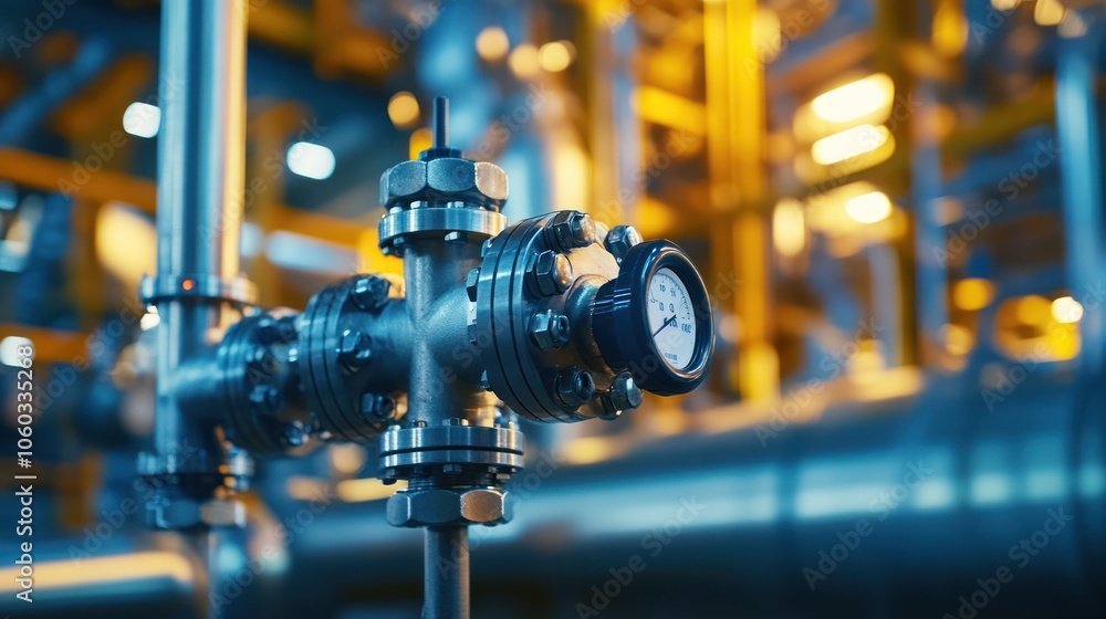 Fototapeta premium Close-up of refinery valves managing pressurized fuel systems in a clean industrial environment