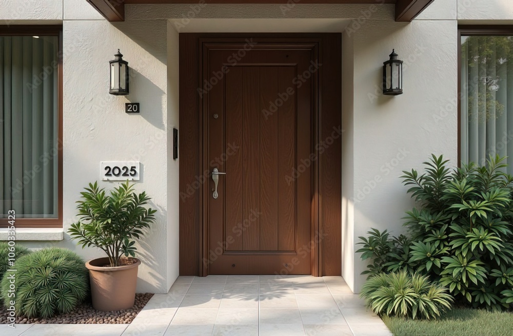 Modern house entrance with a wooden door, greenery, and the number 2025 displayed on the wall, symbolizing the start of the New Year 2025. The simple design reflects a welcoming and fresh beginning.
Modern house entrance with a wooden door, greenery, and the number 2025 displayed on the wall, symbolizing the start of the New Year 2025. The simple design reflects a welcoming and fresh beginning.