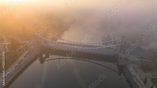 Grunwaldzki Bridge on a foggy morning, bird's eye view, Wroclaw