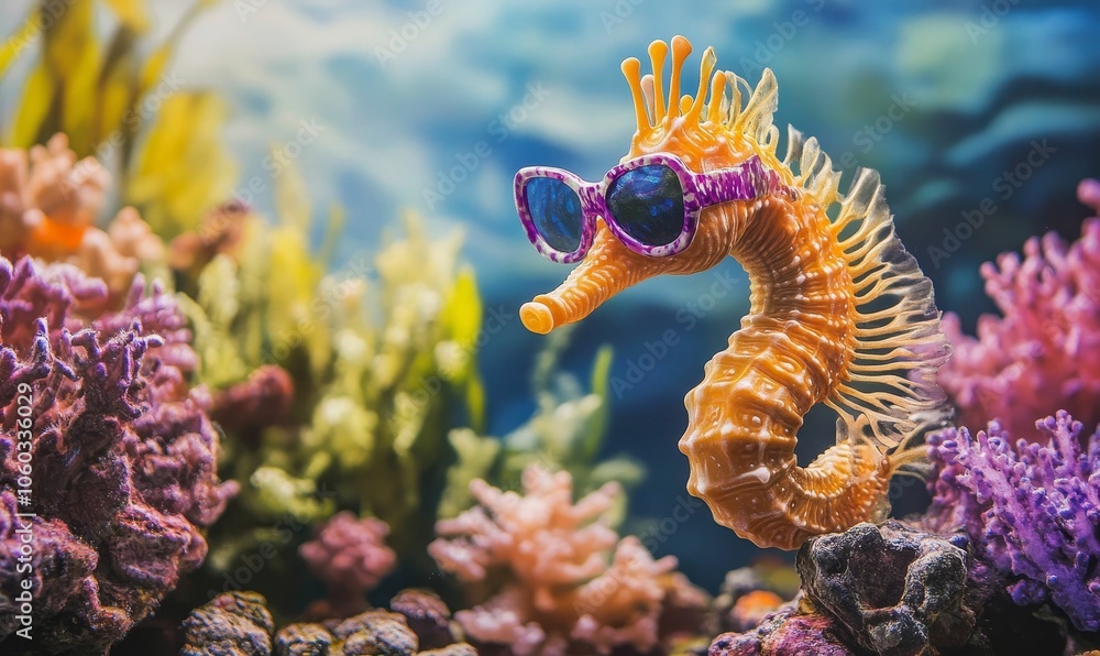 Seahorse wearing sunglasses in a coral reef. Seahorse wearing sunglasses in a coral reef.