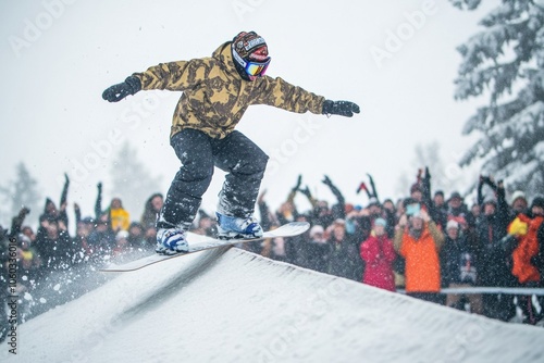 snowboarding competition - professional snowboarder executing a rail slide on a snow-covered rail, with a cheering crowd in the background, minimal background with copy space photo