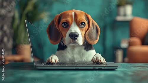 Cute Beagle Dog Using Lapto...