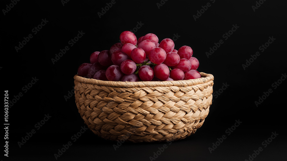 woven basket filled with vibrant red grapes against black background, showcasing their freshness and natural appeal woven basket filled with vibrant red grapes against black background, showcasing their freshness and natural appeal