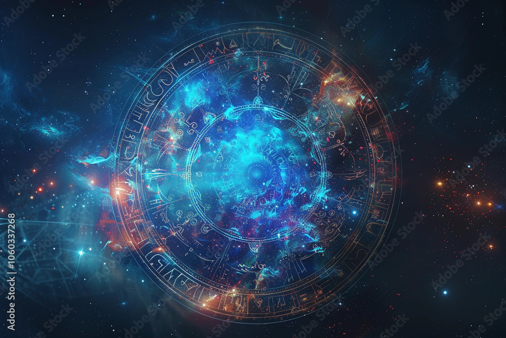 Obraz premium Astrological composition with zodiac circle in signs and symbols