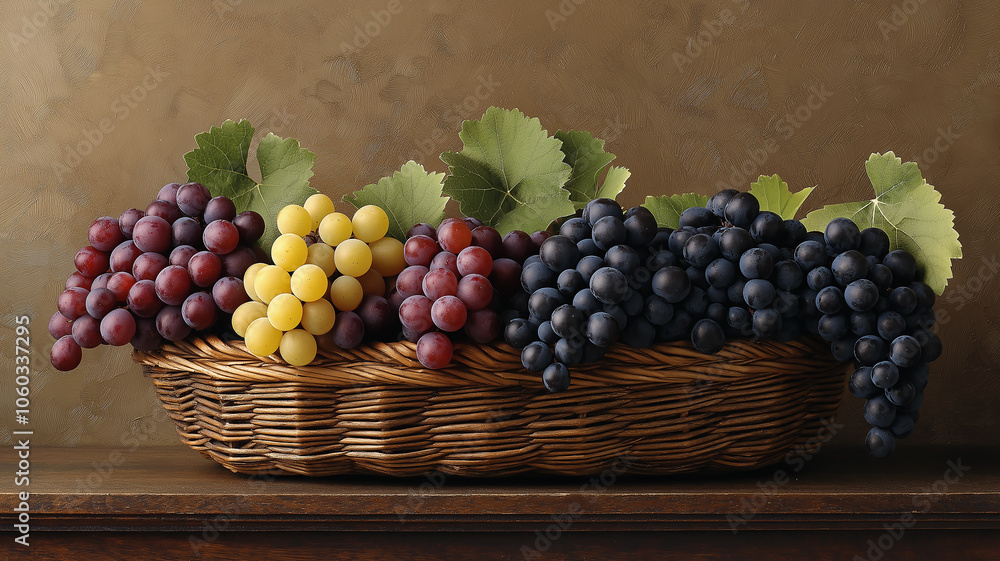 woven basket filled with vibrant grapes in red, yellow, and purple hues, adorned with green leaves, sits on wooden surface, creating colorful and inviting display woven basket filled with vibrant grapes in red, yellow, and purple hues, adorned with green leaves, sits on wooden surface, creating colorful and inviting display