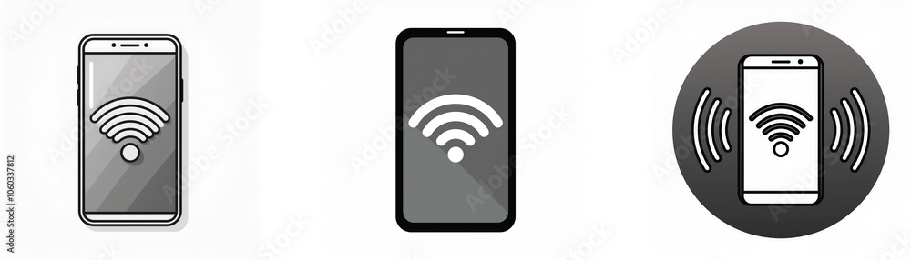 Three black and white illustrations of a smartphone with a wifi symbol. The center illustration has waves radiating outward from the smartphone. Three black and white illustrations of a smartphone with a wifi symbol. The center illustration has waves radiating outward from the smartphone.