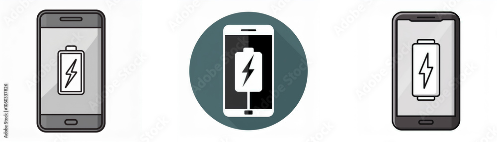 Three different smartphone icons show battery life and charging. Three different smartphone icons show battery life and charging.