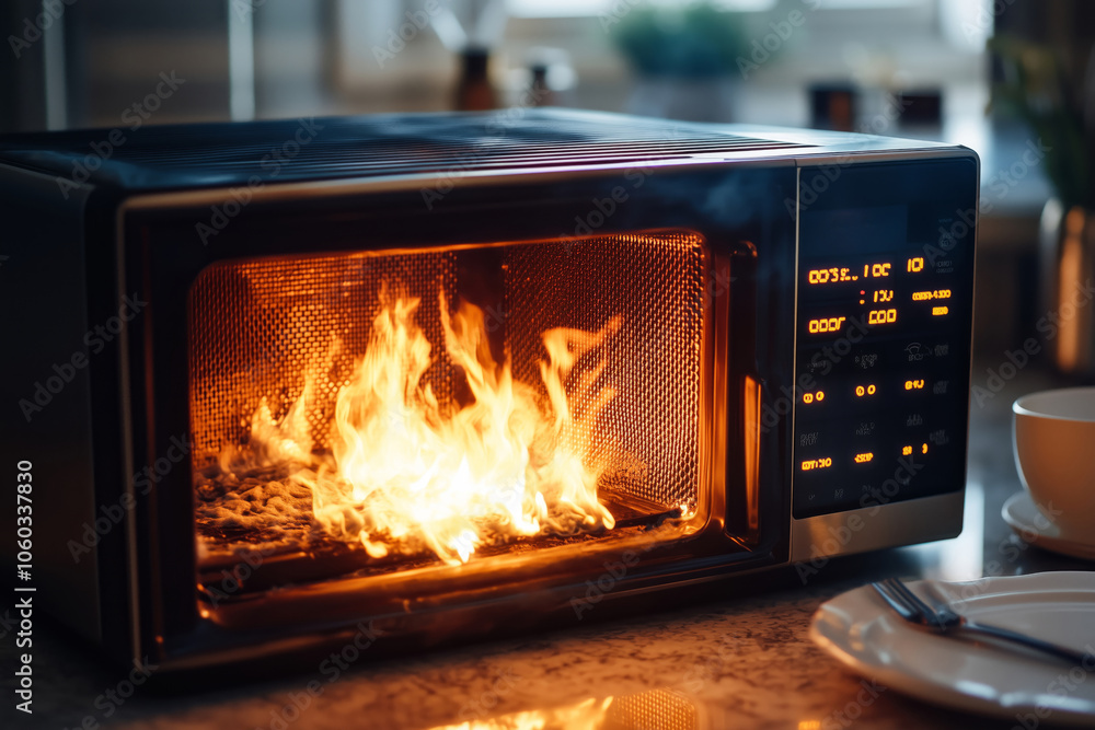 Microwave fire incident causing significant damage in a kitchen setting Microwave fire incident causing significant damage in a kitchen setting