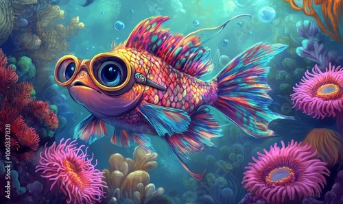 A colorful fish wearing goggles swims through coral.