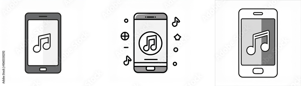 Three simple black and white illustrations depicting a smart phone displaying a music note. Three simple black and white illustrations depicting a smart phone displaying a music note.