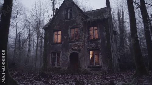 Eerie Abandoned House in the Woods at Dusk