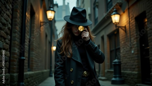 A mysterious detective with a magnifying glass examines clues in a dimly lit Victorian alleyway, exuding intrigue and focus photo