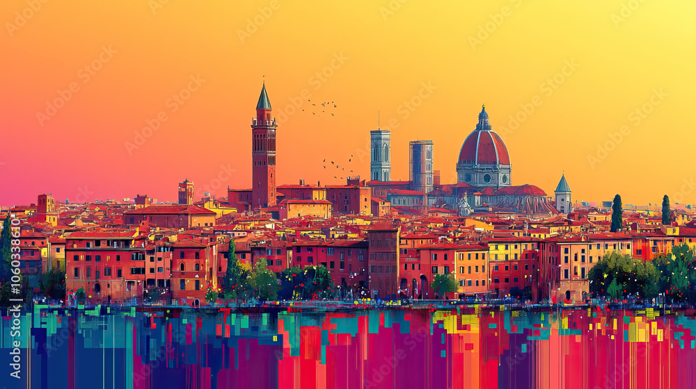 Fototapeta premium Bologna, Italy, Pop Art style theme print. Cityscape, city skyline.Vibrant, bright, modern, trendy, graphic designed for poster, card, wallpaper