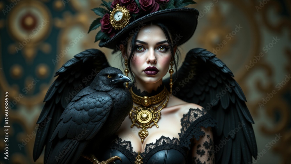 A mysterious woman with a raven on her shoulder wears intricate steampunk jewelry, exuding dark elegance and Victorian mystique A mysterious woman with a raven on her shoulder wears intricate steampunk jewelry, exuding dark elegance and Victorian mystique