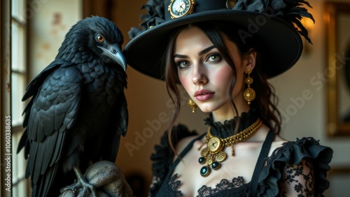 A dark and elegant woman with a raven stands confidently, portraying charisma and power in a richly decorated steampunk setting