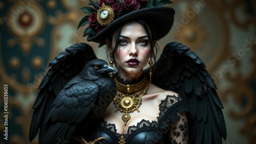 A mysterious woman with a raven on her shoulder wears intricate steampunk jewelry, exuding dark elegance and Victorian mystique