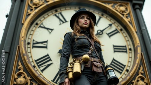 A fearless steampunk adventurer stands confidently against a giant clock, embodying strength and resilience in a retro-futuristic world