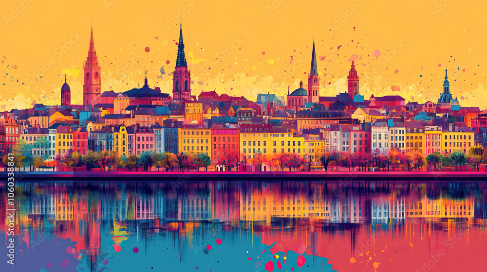 Obraz premium Bordeaux, France, Pop Art style theme print. Cityscape, city skyline.Vibrant, bright, modern, trendy, graphic designed for poster, card, wallpaper