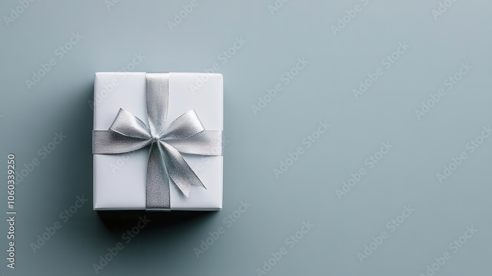 Minimalist Christmas gift box mockup on a soft gray background, adorned with a single silver ribbon Minimalist Christmas gift box mockup on a soft gray background, adorned with a single silver ribbon